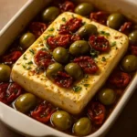 Gooey baked feta dish with olives and tomatoes, served warm