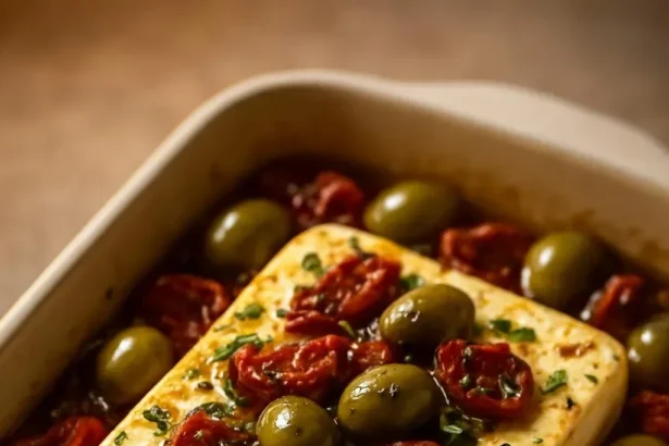 Gooey baked feta dish with olives and tomatoes, served warm