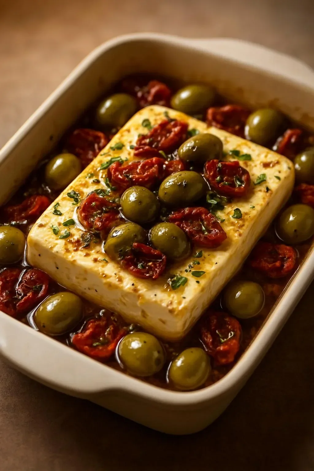 Gooey baked feta dish with olives and tomatoes, served warm