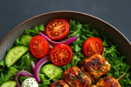 Delicious Greek Chicken Bowl with vegetables, feta cheese, and olives.