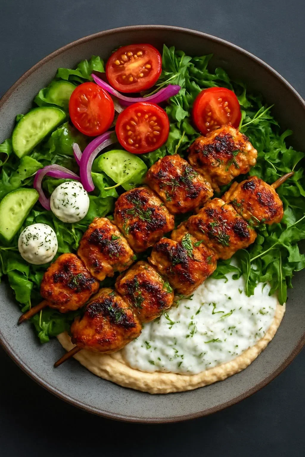 Delicious Greek Chicken Bowl with vegetables, feta cheese, and olives.