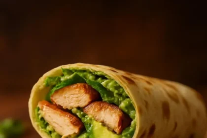 Grilled chicken Caesar wraps with avocado and bacon on a plate