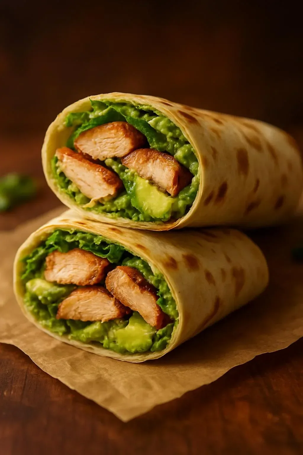 Grilled chicken Caesar wraps with avocado and bacon on a plate