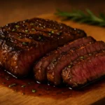 Grilled flank steak marinated in balsamic soy sauce, served with fresh herbs.