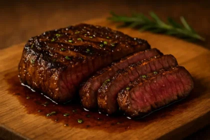 Grilled flank steak marinated in balsamic soy sauce, served with fresh herbs.