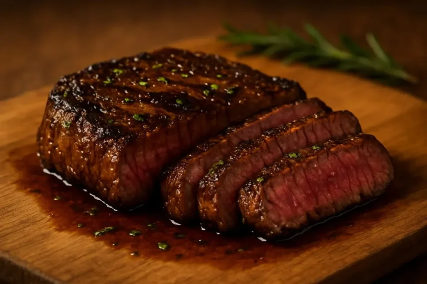 Grilled flank steak marinated in balsamic soy sauce, served with fresh herbs.