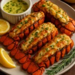 Grilled lobster tails served with garlic lemon butter sauce on a plate