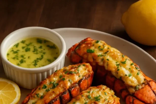 Grilled lobster tails served with garlic lemon butter sauce on a plate