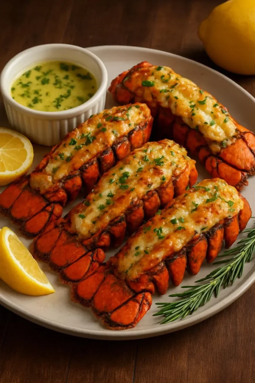 Grilled lobster tails served with garlic lemon butter sauce on a plate