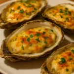 Delicious Grilled Parmesan Garlic Oysters topped with cheese and garlic