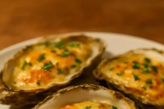 Delicious Grilled Parmesan Garlic Oysters topped with cheese and garlic