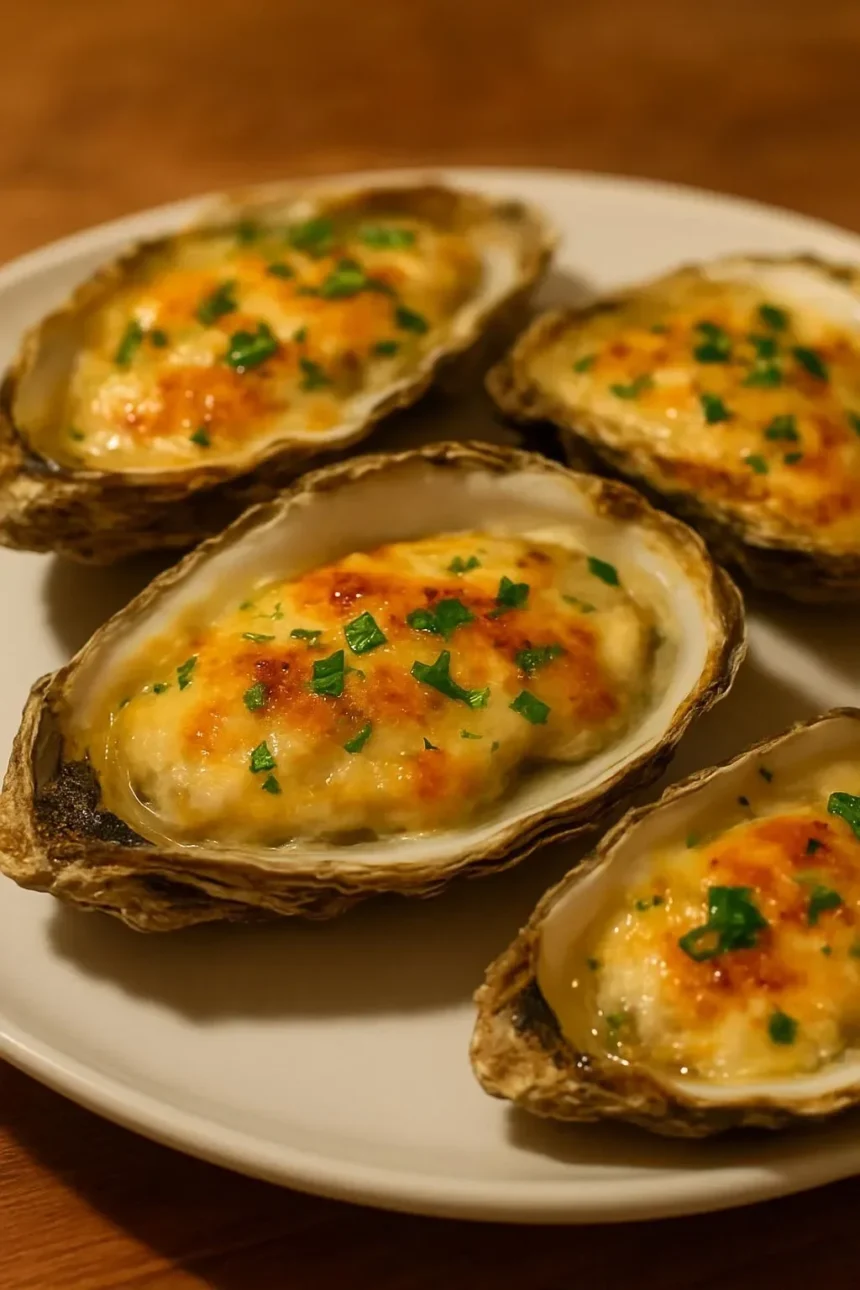 Delicious Grilled Parmesan Garlic Oysters topped with cheese and garlic