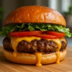 Juicy hamburger with fresh toppings on a wooden serving board.