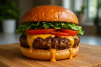 Juicy hamburger with fresh toppings on a wooden serving board.