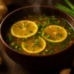 A bowl of Healing Miso-Ginger Lemon Detox Broth loaded with fresh ingredients.