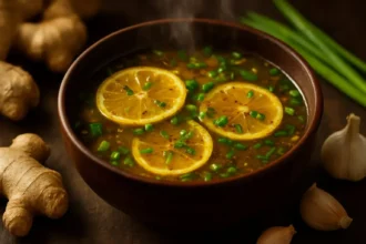 A bowl of Healing Miso-Ginger Lemon Detox Broth loaded with fresh ingredients.