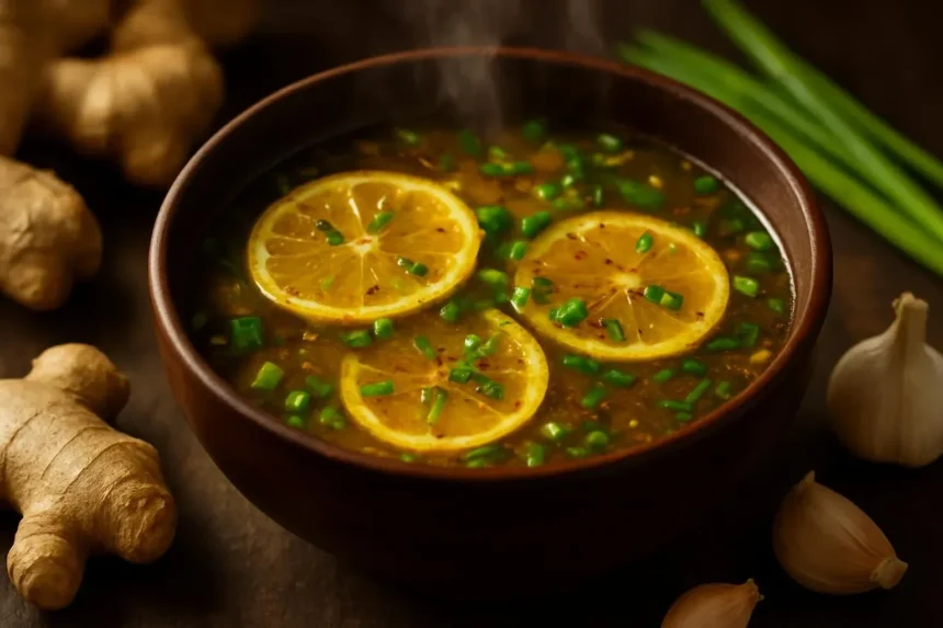 A bowl of Healing Miso-Ginger Lemon Detox Broth loaded with fresh ingredients.
