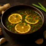 Healing Miso-Ginger Lemon Detox Broth in a bowl with fresh ingredients