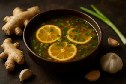 Healing Miso-Ginger Lemon Detox Broth in a bowl with fresh ingredients