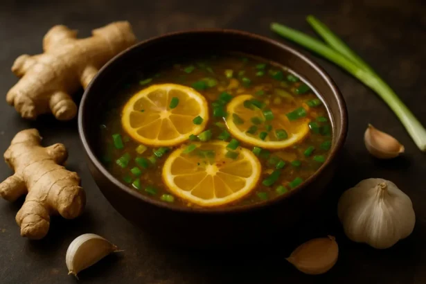 Healing Miso-Ginger Lemon Detox Broth in a bowl with fresh ingredients