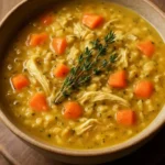 Bowl of heartwarming Turkey and Wild Rice Soup served with fresh herbs.