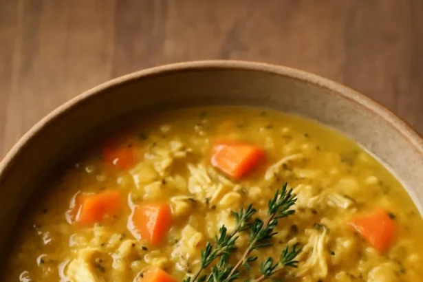 Bowl of heartwarming Turkey and Wild Rice Soup served with fresh herbs.
