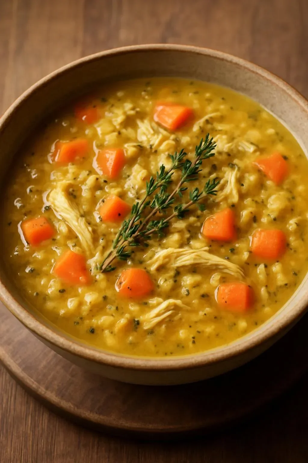 Bowl of heartwarming Turkey and Wild Rice Soup served with fresh herbs.