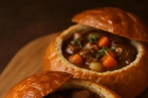 Hearty beef stew in a bread bowl, topped with herbs and fresh vegetables.