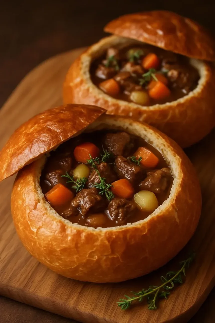 Hearty beef stew in a bread bowl, topped with herbs and fresh vegetables.