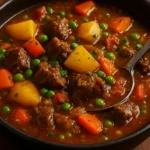 A bowl of hearty beef and vegetable soup with fresh ingredients.