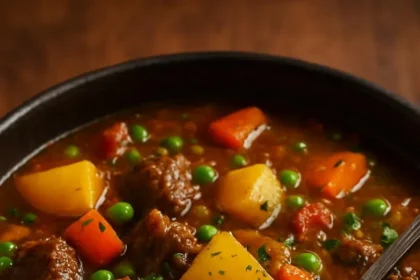 A bowl of hearty beef and vegetable soup with fresh ingredients.