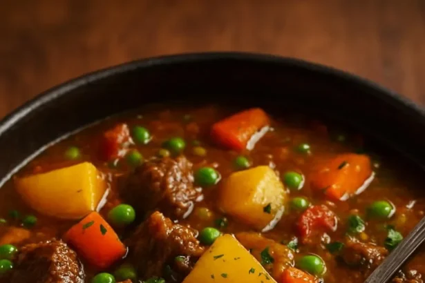 A bowl of hearty beef and vegetable soup with fresh ingredients.