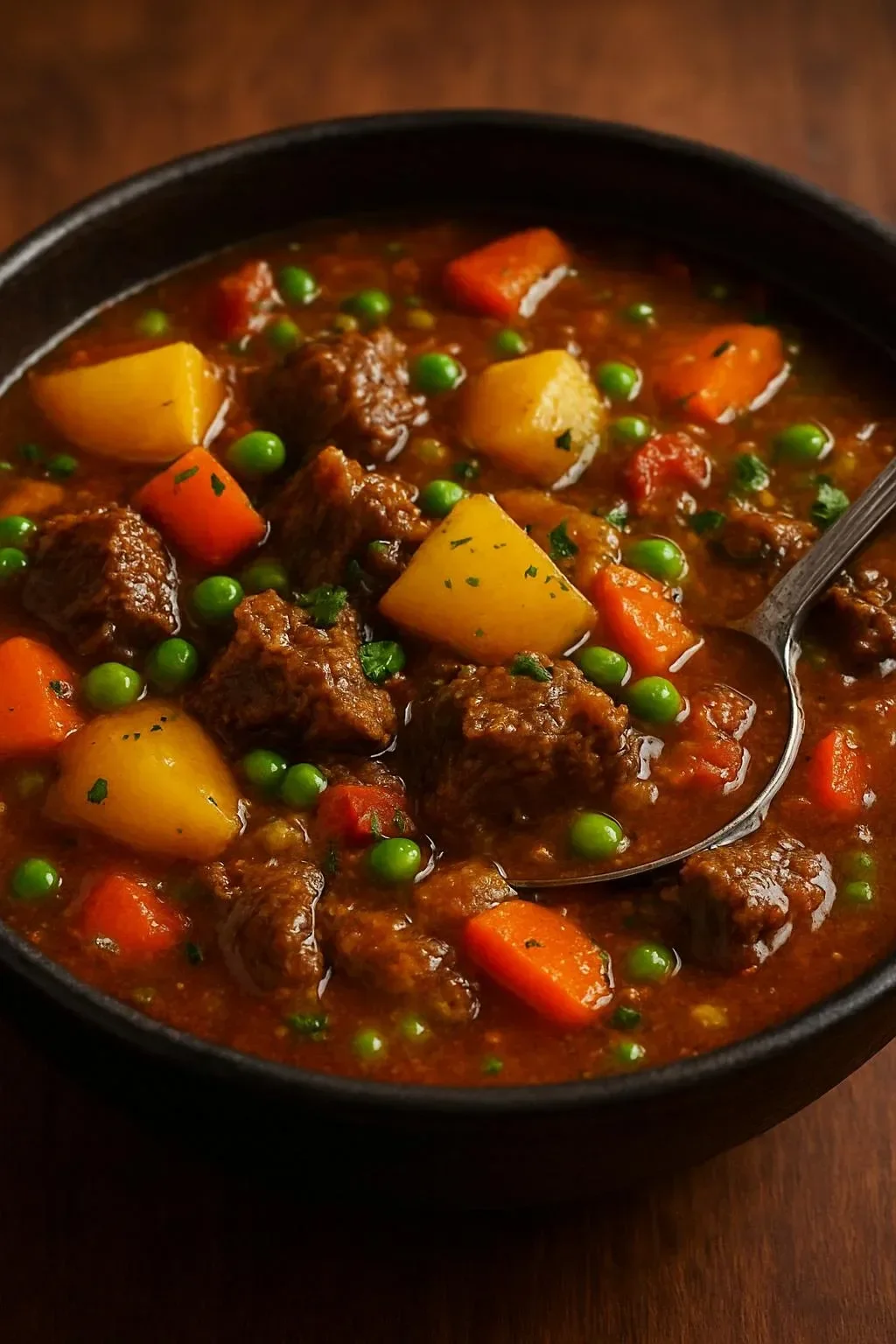 A bowl of hearty beef and vegetable soup with fresh ingredients.