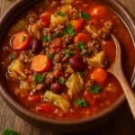 Bowl of hearty cabbage roll soup with fresh herbs and spices