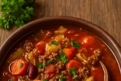 Bowl of hearty cabbage roll soup with fresh herbs and spices