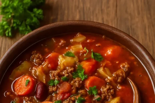 Bowl of hearty cabbage roll soup with fresh herbs and spices