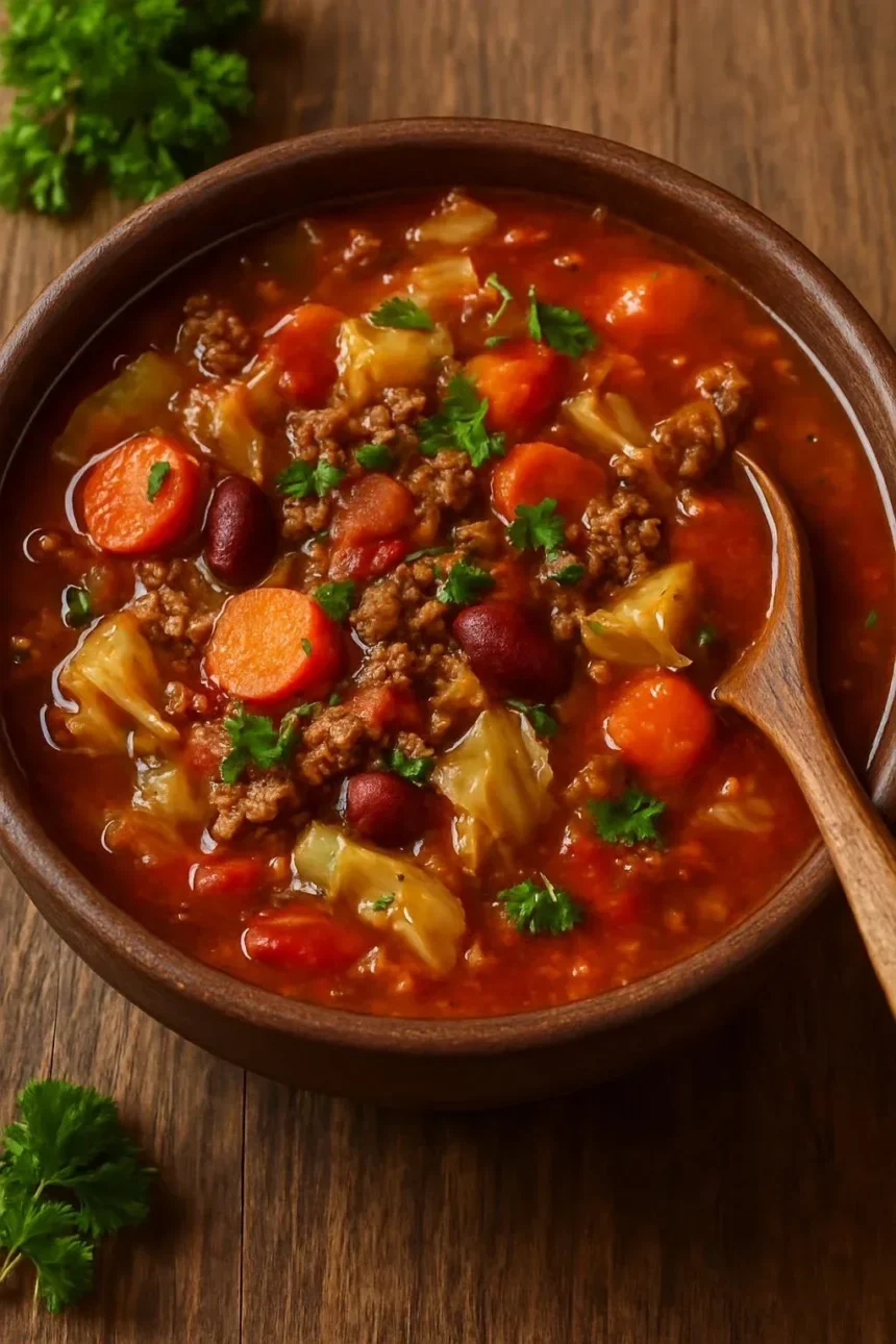 Bowl of hearty cabbage roll soup with fresh herbs and spices