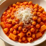 Bowl of hearty pasta and chickpeas topped with fresh herbs and spices