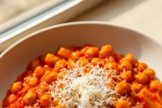 Bowl of hearty pasta and chickpeas topped with fresh herbs and spices