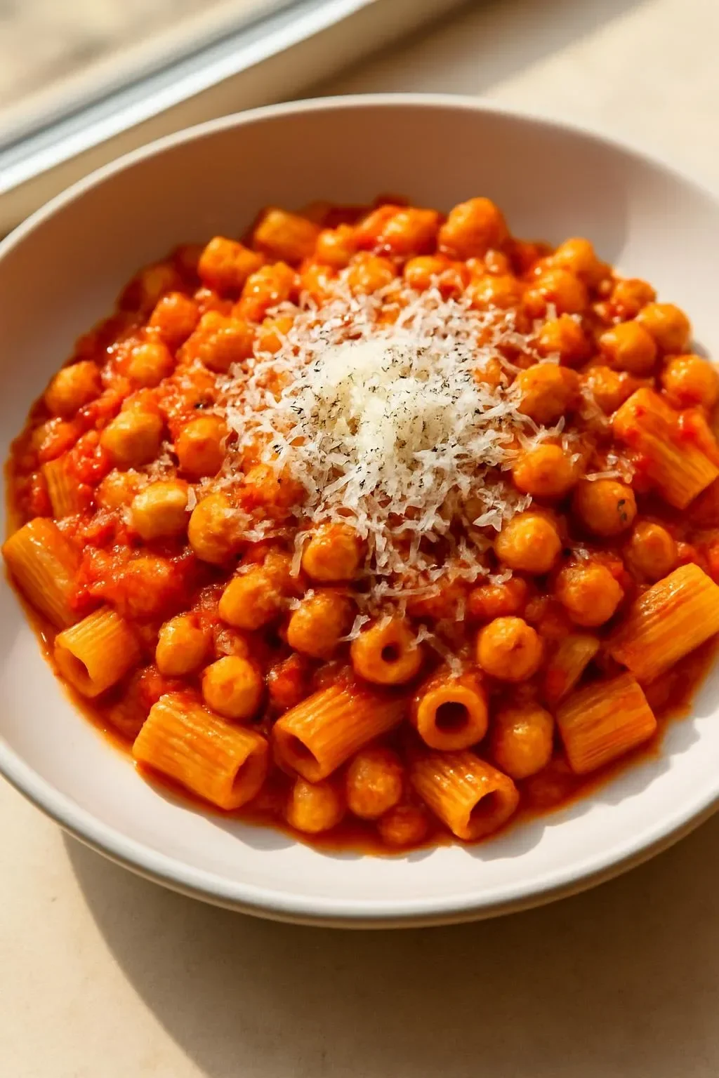 Bowl of hearty pasta and chickpeas topped with fresh herbs and spices