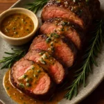 Herb-roasted beef tenderloin garnished with fresh herbs and spices