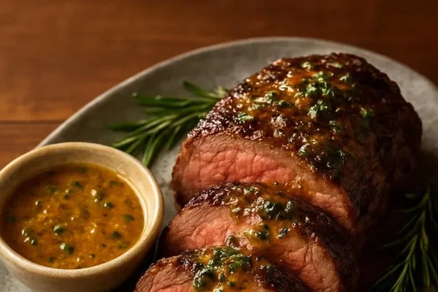 Herb-roasted beef tenderloin garnished with fresh herbs and spices