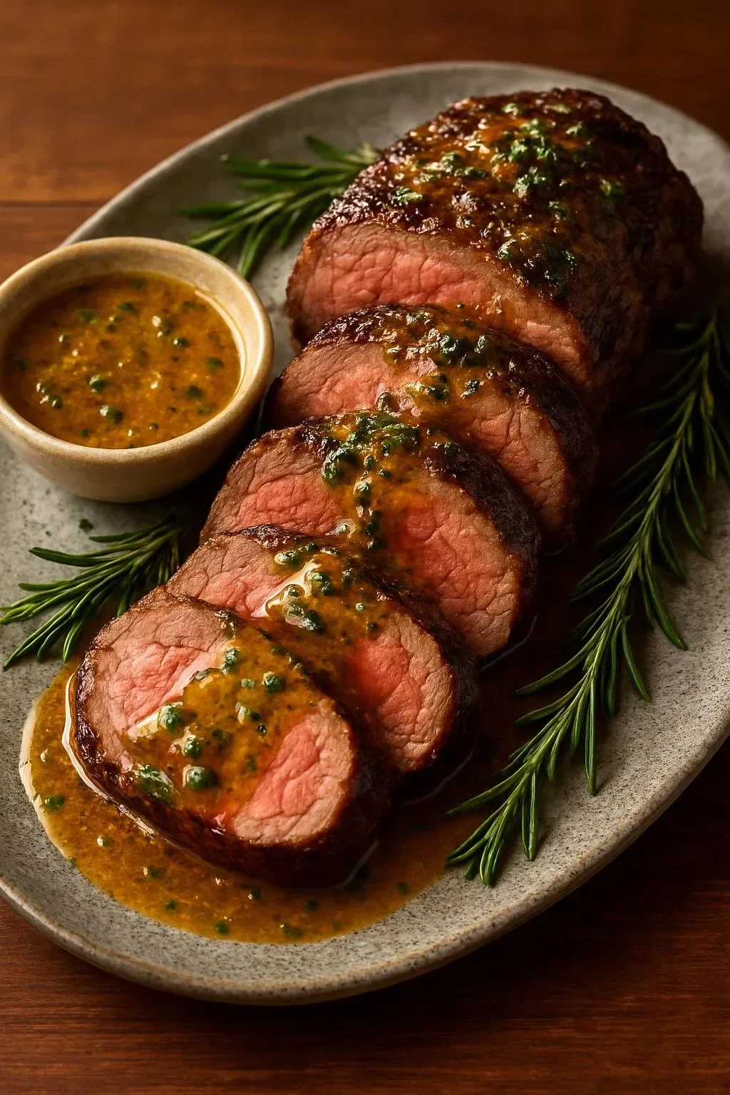 Herb-roasted beef tenderloin garnished with fresh herbs and spices