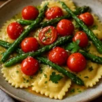 Plate of herbed ravioli with fresh vegetables, showcasing a colorful and nutritious meal.