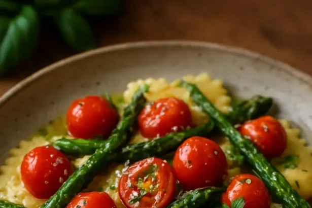 Plate of herbed ravioli with fresh vegetables, showcasing a colorful and nutritious meal.