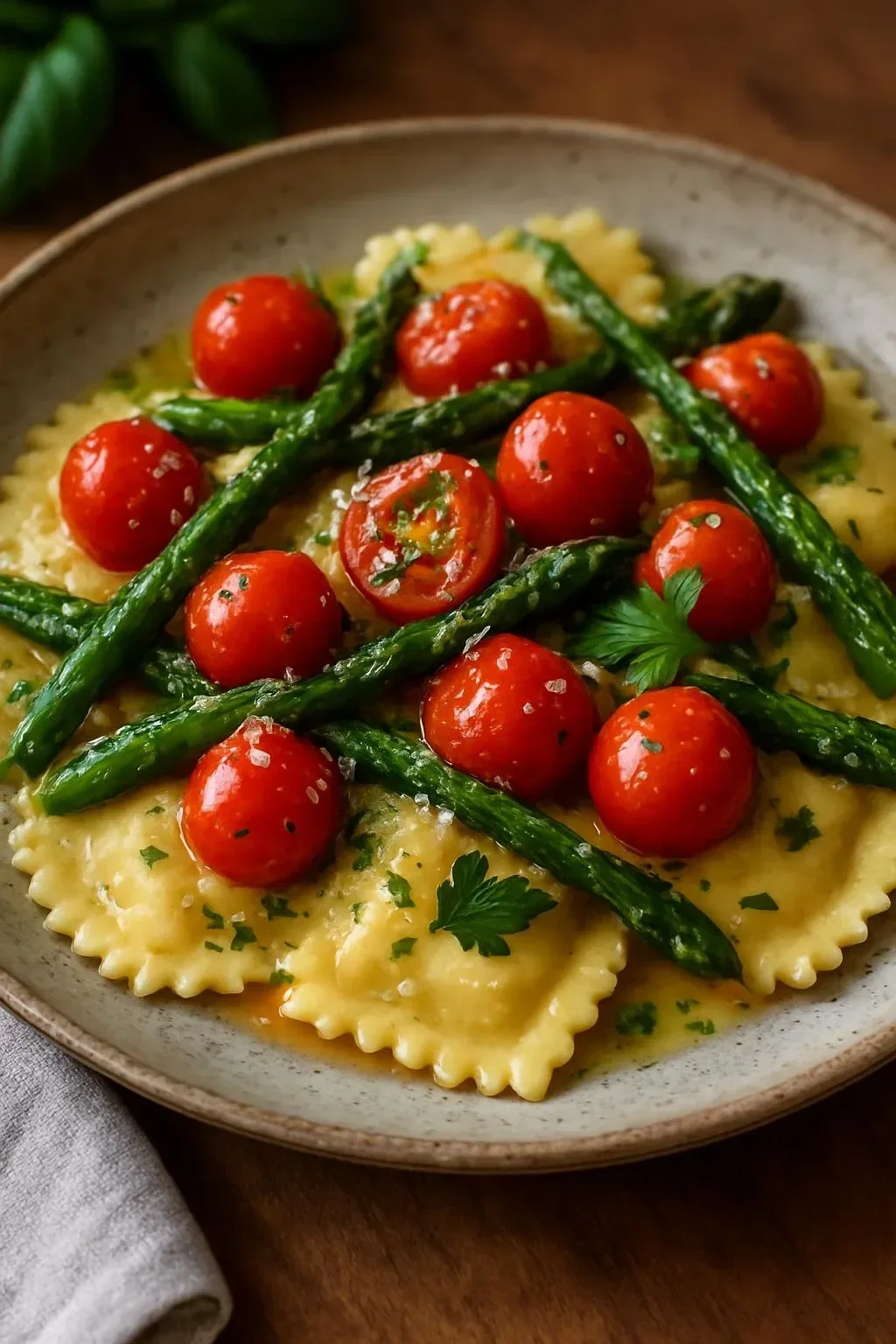 Plate of herbed ravioli with fresh vegetables, showcasing a colorful and nutritious meal.
