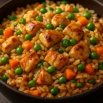 A vibrant plate of high protein crispy garlic chicken fried rice with vegetables.