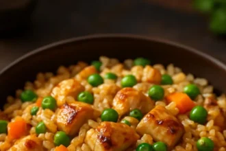 A vibrant plate of high protein crispy garlic chicken fried rice with vegetables.
