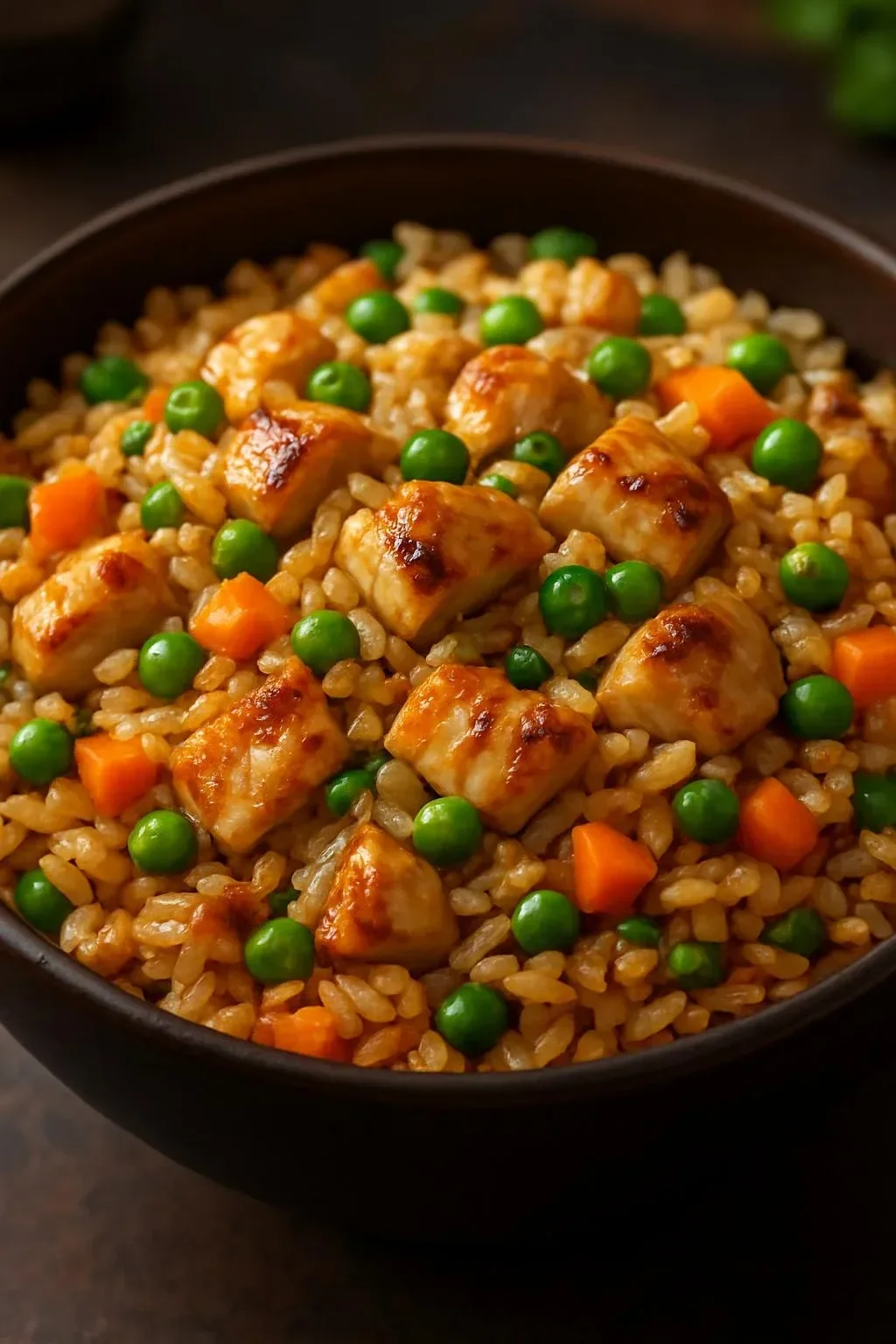 A vibrant plate of high protein crispy garlic chicken fried rice with vegetables.