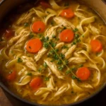 Bowl of homemade chicken noodle soup with fresh vegetables and herbs